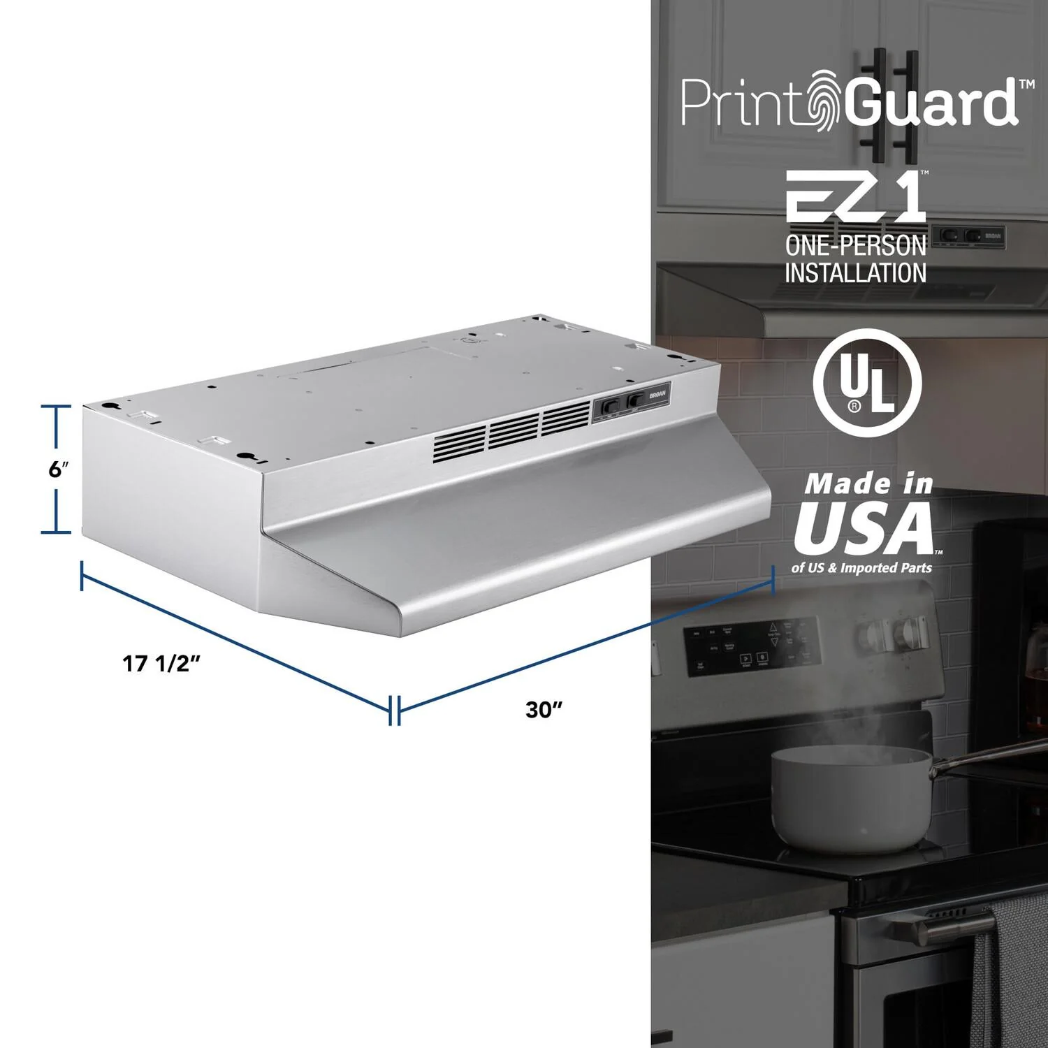 BUEZ130SF Broan® 30-Inch Ductless Under-Cabinet Range Hood w/ Easy Install System, Stainless Finish - Image 5